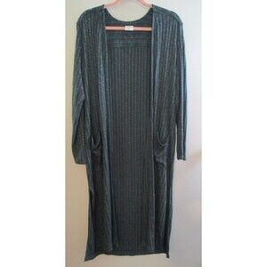 Soma Womens Sz M Ribbed Long Line Duster Cardigan Heathered Blue Pockets Lounge